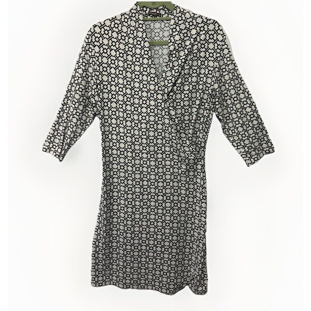 J McLaughlin Sz L Faux Wrap Dress Catalina Cloth Stretch Geometric Print Preppy